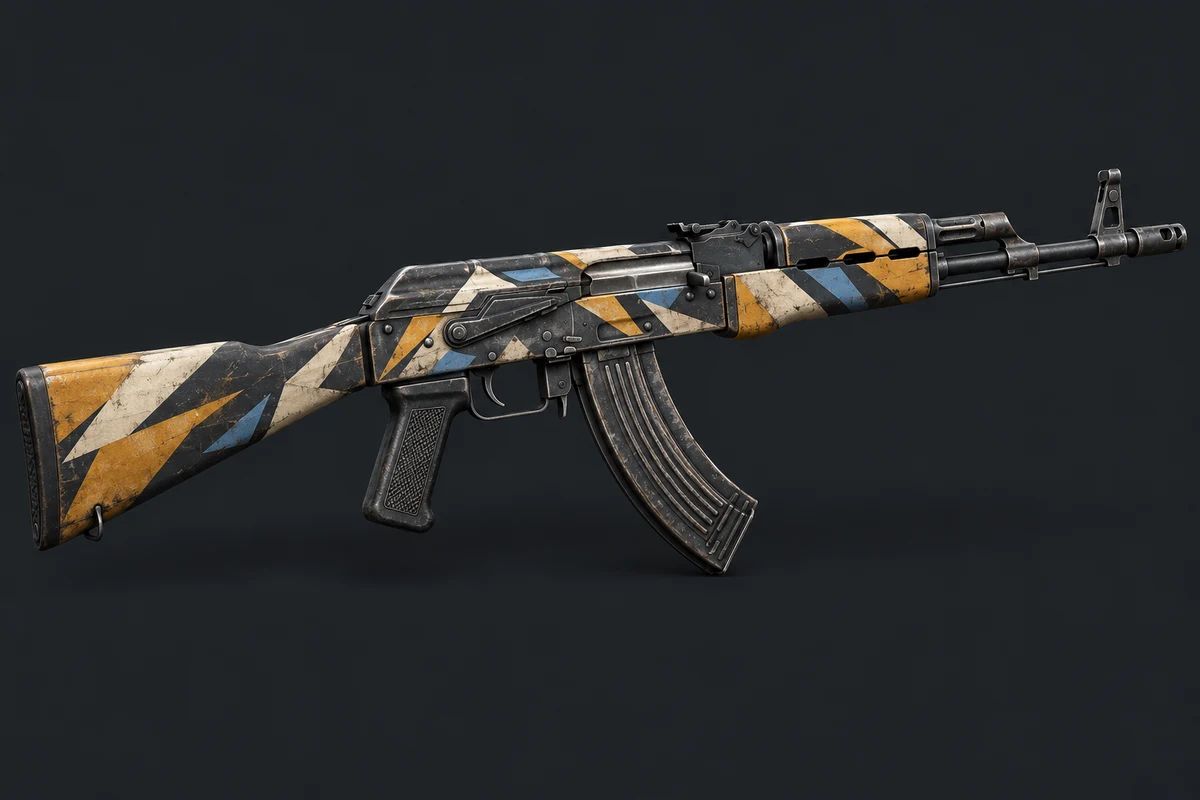 Illustrative virtual rifle with an amber, ivory and blue geometric cosmetic finish.